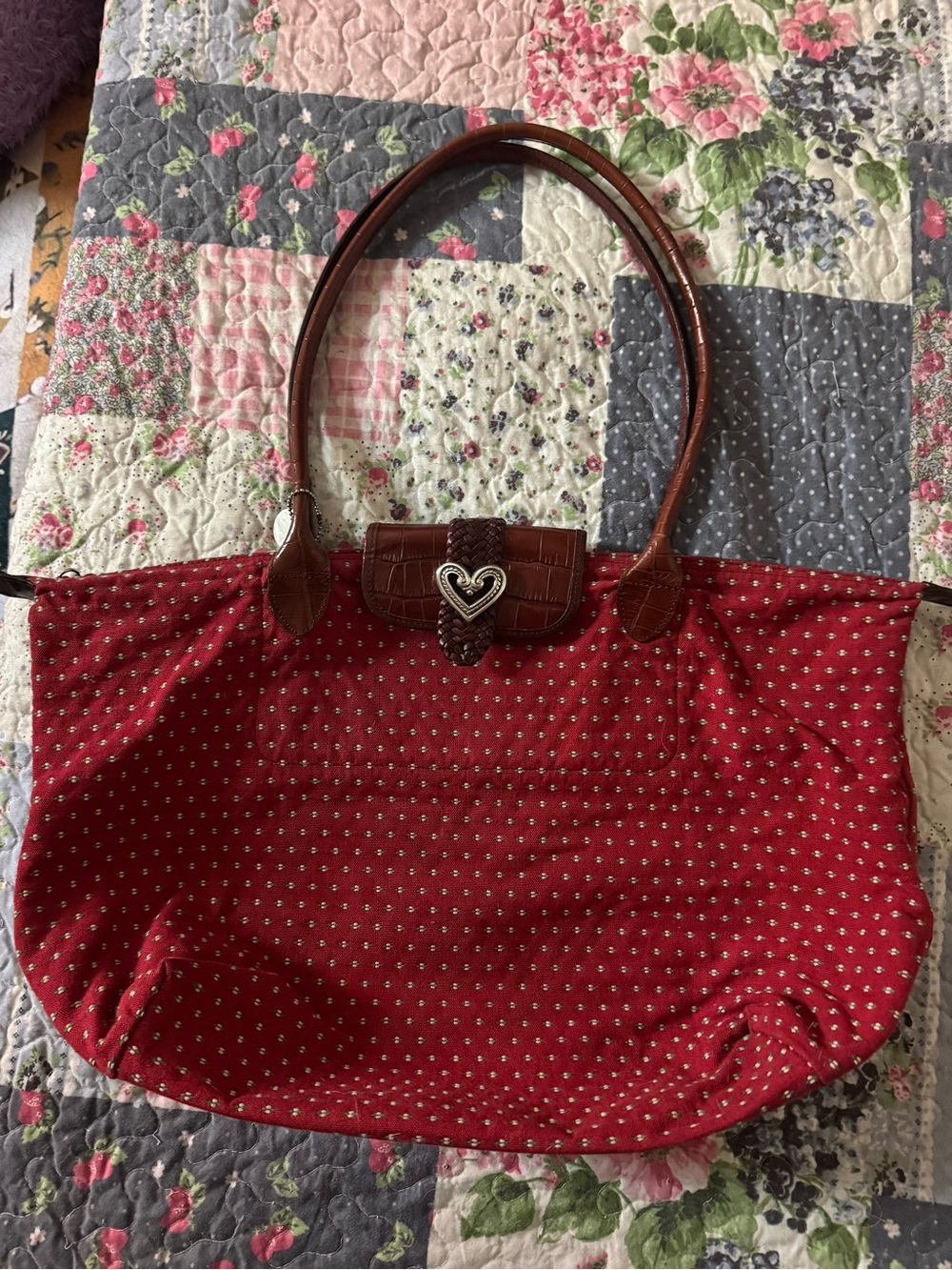 Red Heart-Embellished Tote with Brown Trim